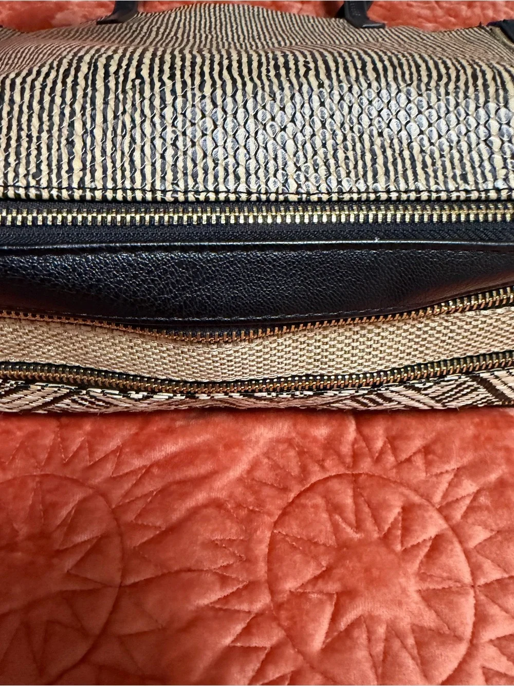 Sondra Roberts Black and Tan Striped Tote with Removable Pouch